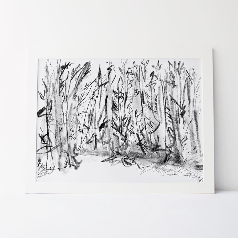 Winter Woods Scene Landscape Sketch Illustration Black and White Wall Art Print or Canvas - Jetty Home