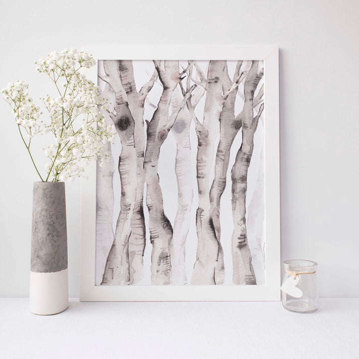Modern Forest Birch Tree Watercolor Wall Art Print or Canvas - Jetty Home