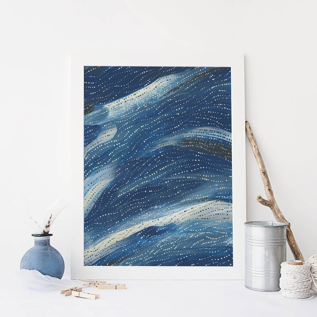 Abstract Wave Blue Modern Coastal Painting Dot Wall Art Print or Canvas - Jetty Home