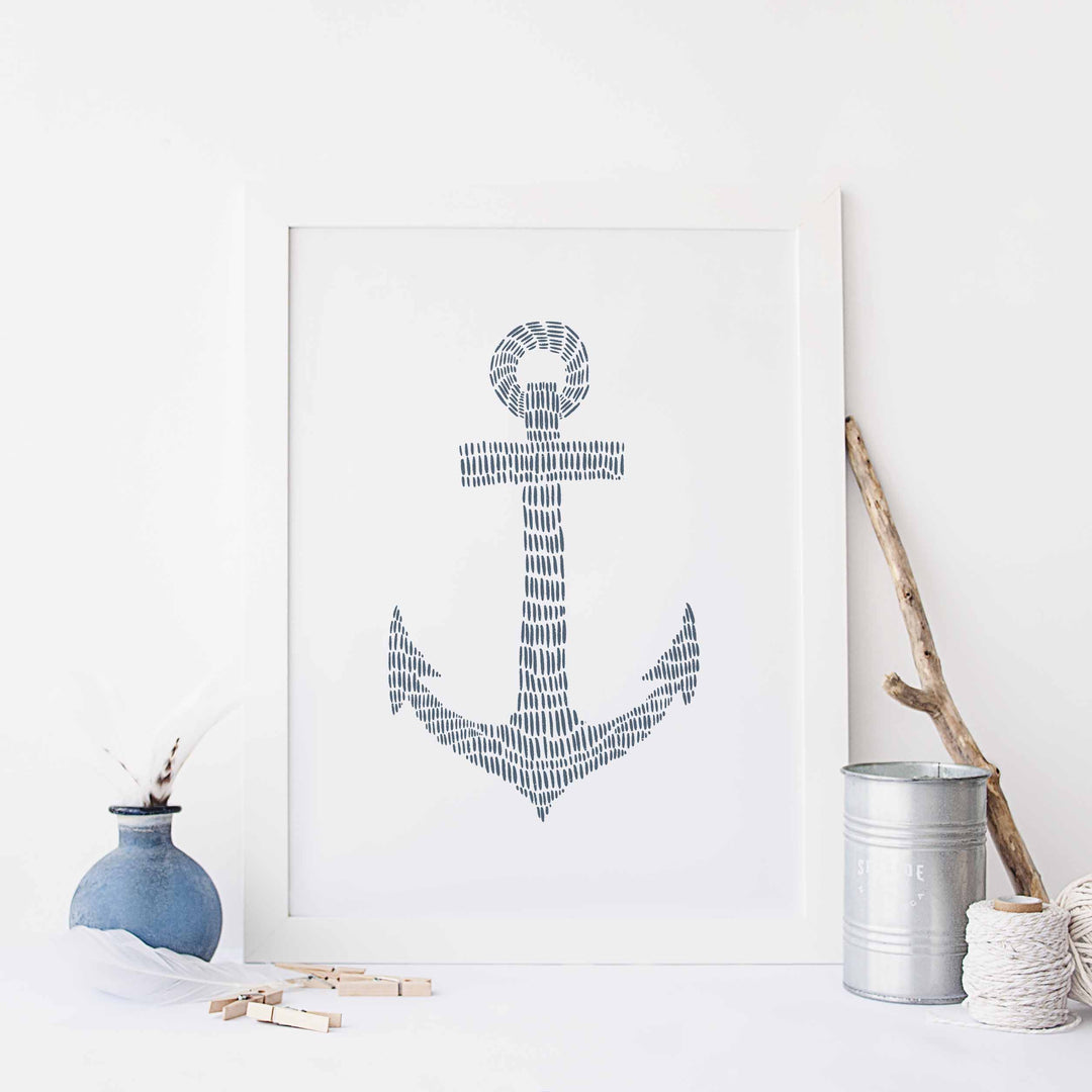 Anchor Nautical Blue and White Illustration Wall Art Print or Canvas - Jetty Home