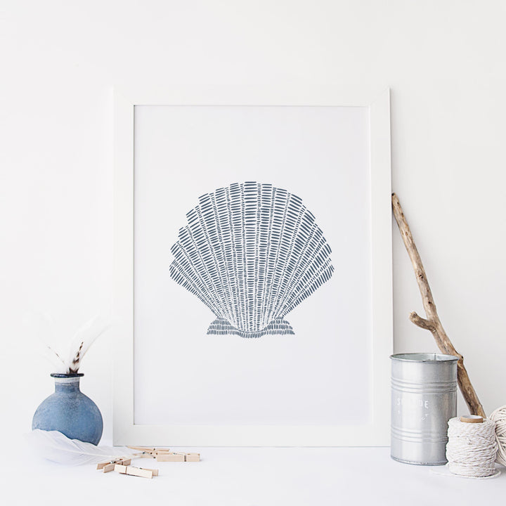 Scallop Seashell Nautical Blue and White Illustration Wall Art Print or Canvas - Jetty Home