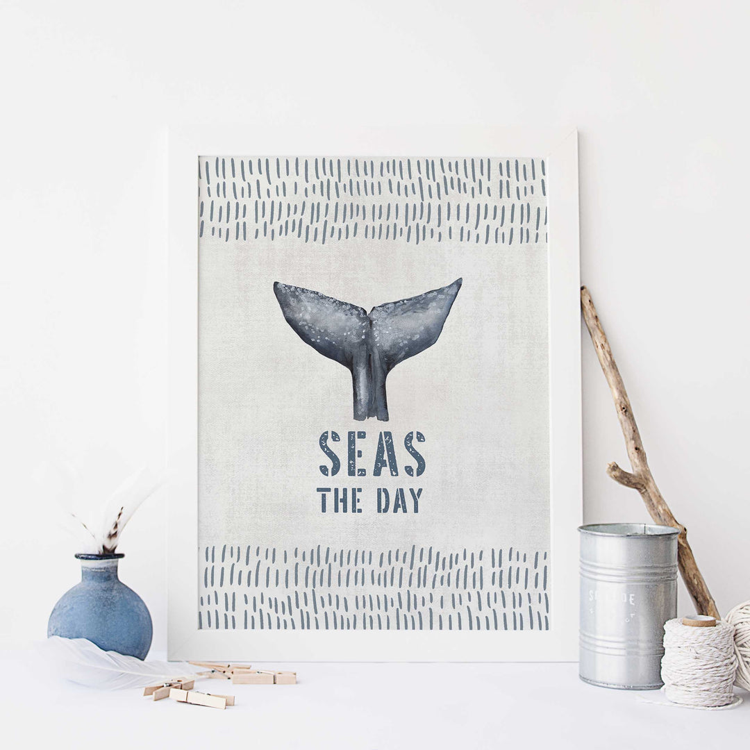 Seas the Day Whale Tail Modern Nautical Blue and Gray Wall Art Print or Canvas - Jetty Home