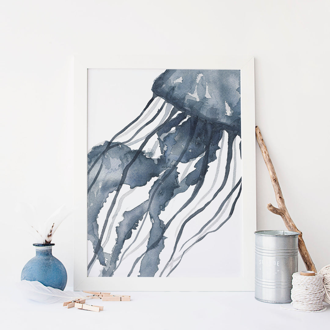 Indigo Blue Watercolor Jelly Fish Art Print or Canvas - Jetty Home