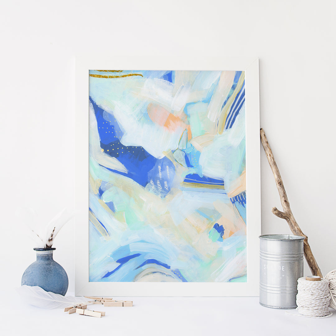 Flow Coastal Abstract Contemporary White and Blue Painting Wall Art Print or Canvas - Jetty Home
