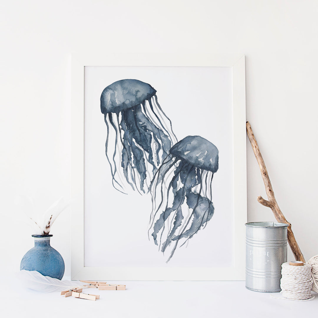 Navy Blue Jellyfish Painting Art Print or Canvas - Jetty Home