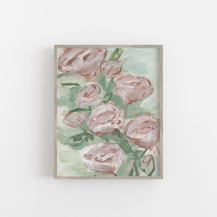 Modern Rose Art French Country Artwork Green and White Print or Canvas