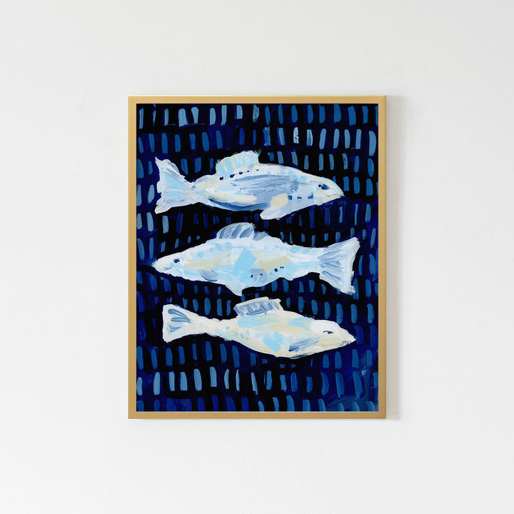 Fish Painting Blue and White Modern Beach Wall Art Print or Canvas - Jetty Home