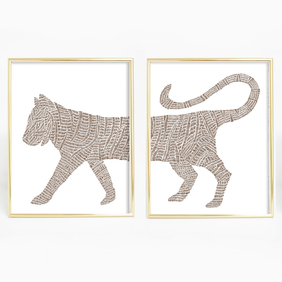 Modern Minimalist Tiger Illustration Tropical Set of 2 Wall Art Print or Canvas - Jetty Home