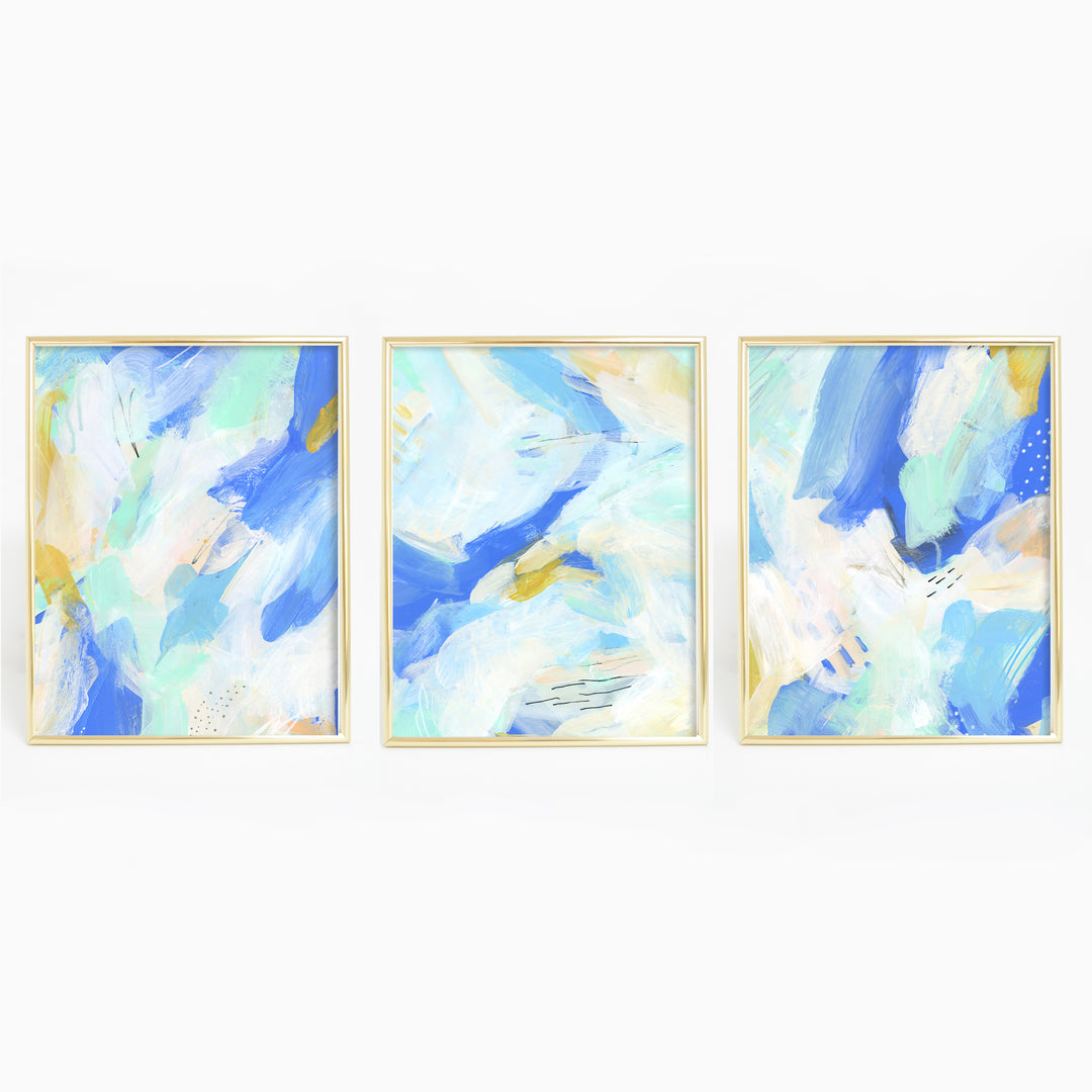 Modern Abstract Coastal Beach Blue White Beige Triptych Set of Three Wall Art Prints or Canvas - Jetty Home