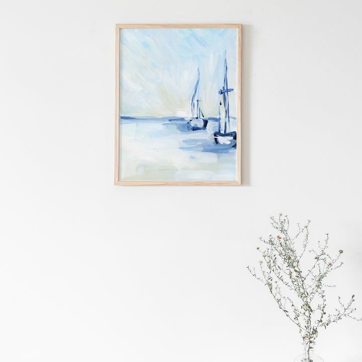 Lone Sailboats Painting Nautical Coastal Wall Art Print or Canvas - Jetty Home