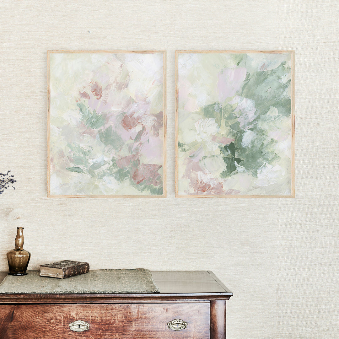 Floral Artwork Modern Abstract Painting Pastel Green and Pink Farmhouse Wall Art Print or Canvas - Jetty Home
