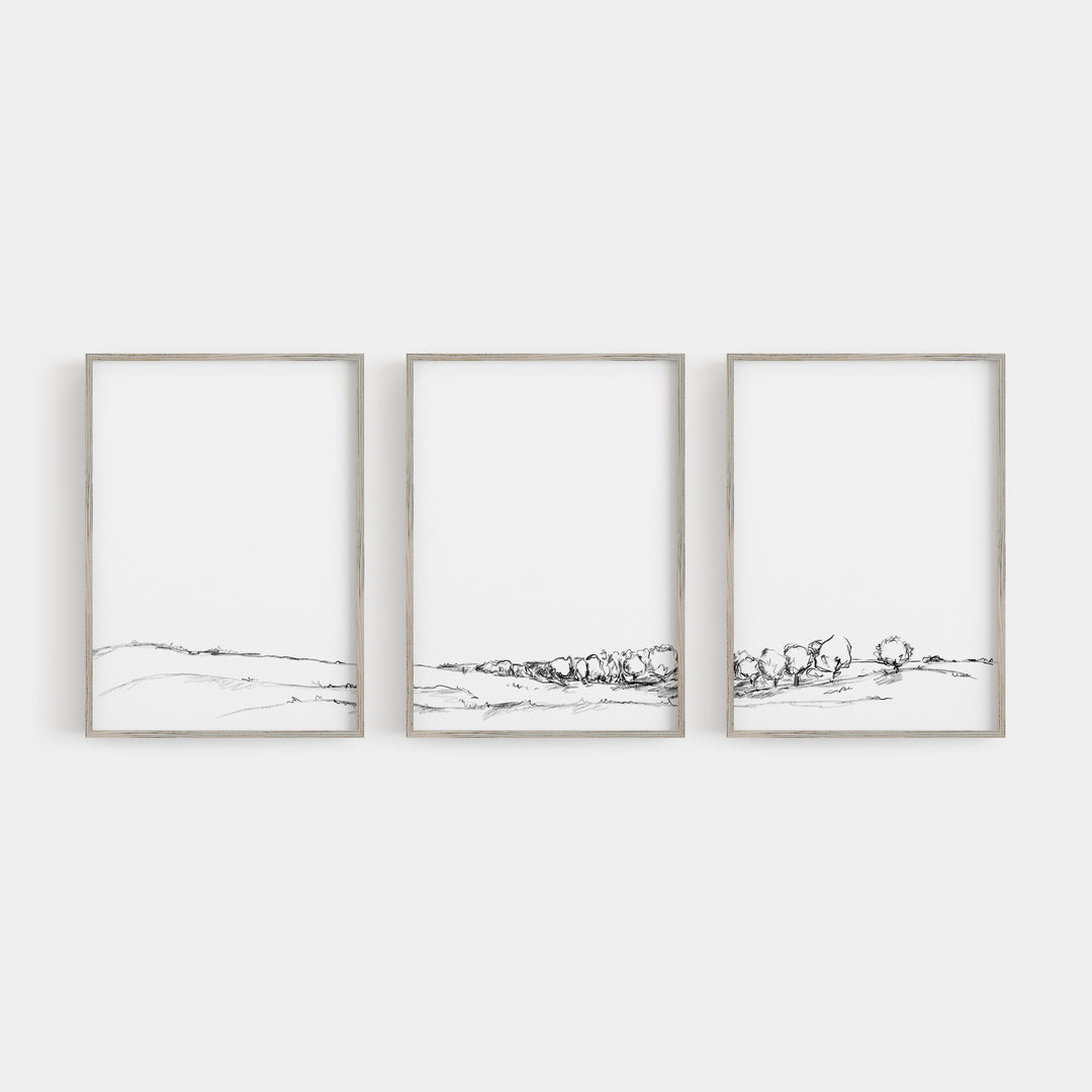 Meadow Landscape Illustration Black and White Farm Triptych Set of Three Wall Art Prints or Canvas - Jetty Home