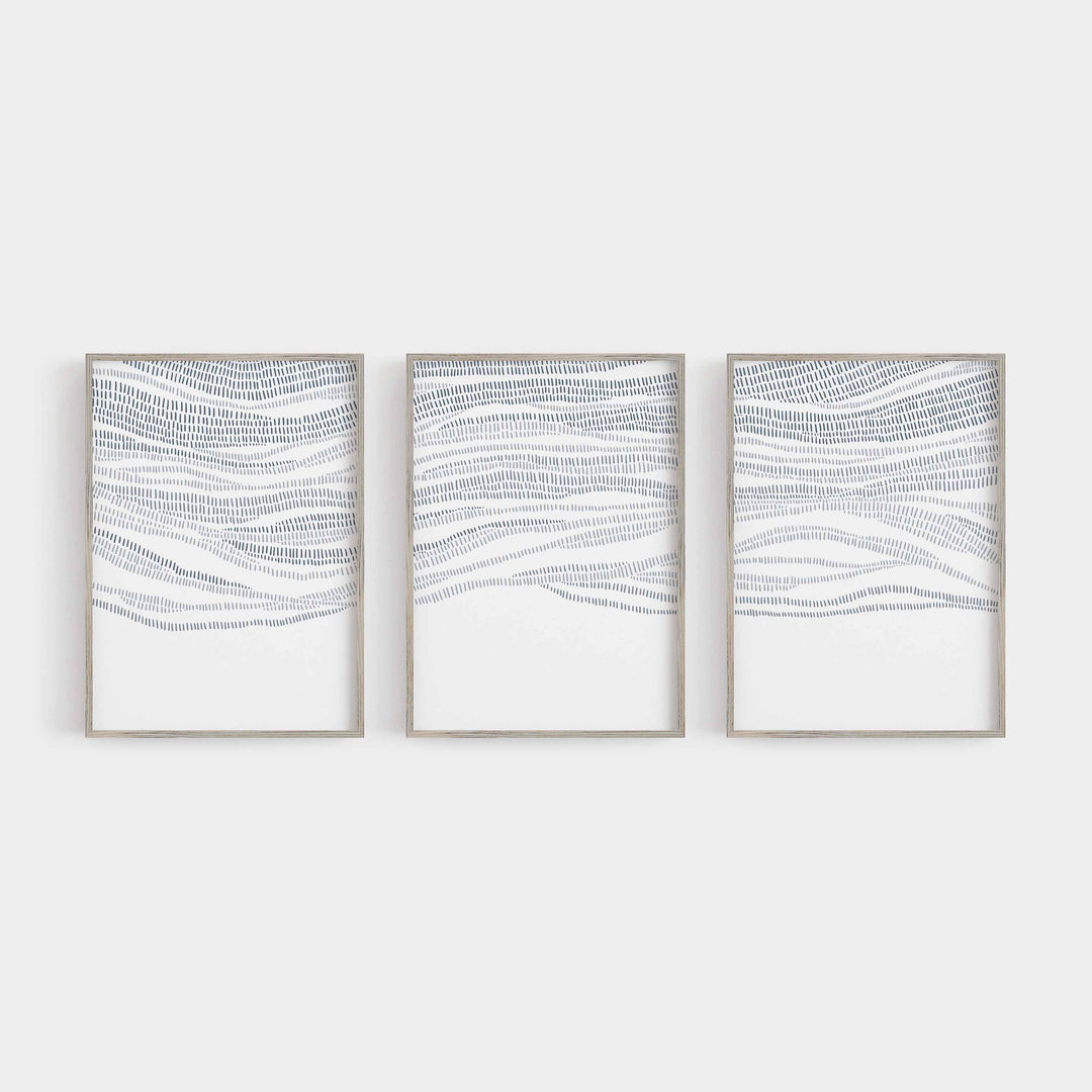 Abstract Modern Ocean Beach Waves Blue Triptych Set of Three Wall Art Prints or Canvas - Jetty Home