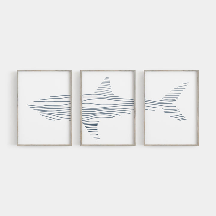 Modern Shark Illustration Nursery Triptych Set of Three Wall Art Prints or Canvas - Jetty Home