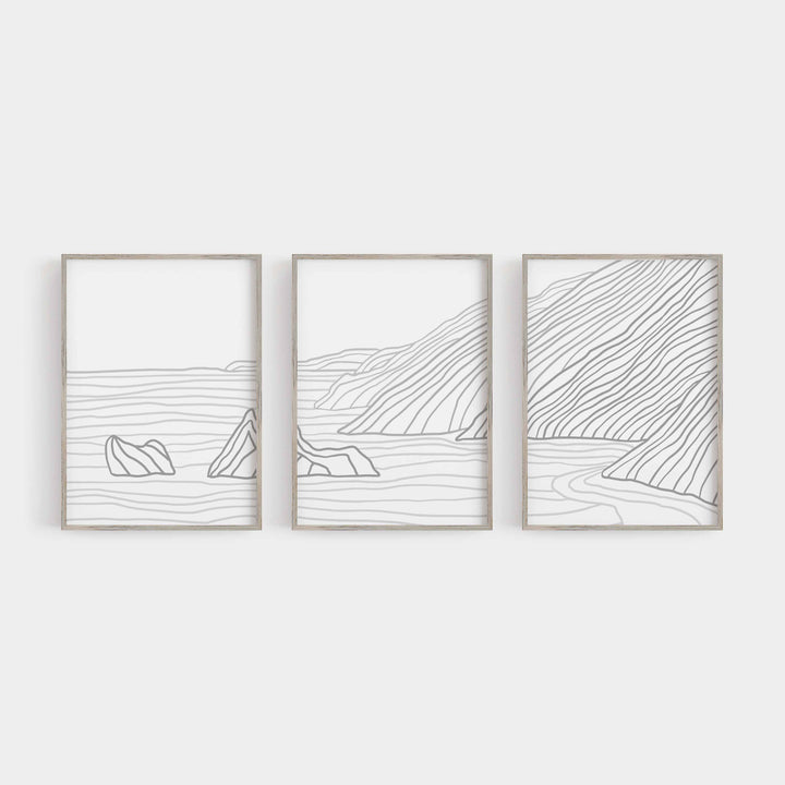 Gray Big Sur Coastline Modern Triptych Set of Three Wall Art Prints or Canvas - Jetty Home