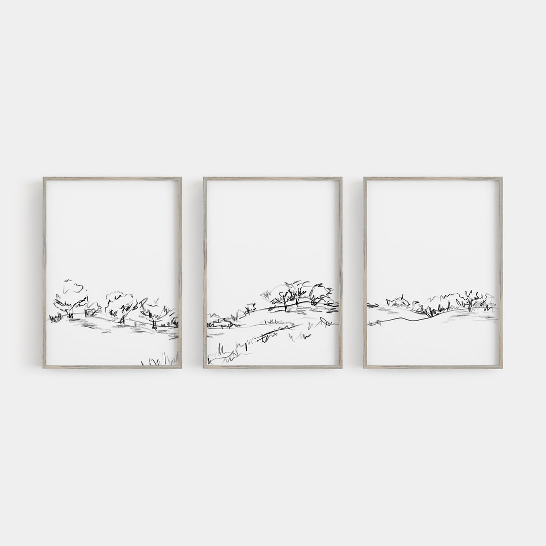 Landscape Hillside Illustration Triptych Set of Three Wall Art Prints or Canvas - Jetty Home