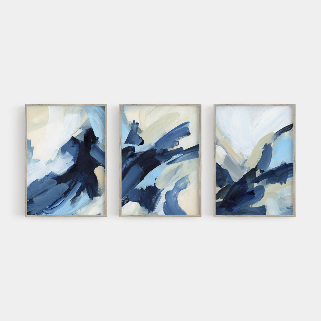 Blue and White Modern Abstract Paintings Triptych Set of Three Wall Art Prints or Canvas - Jetty Home