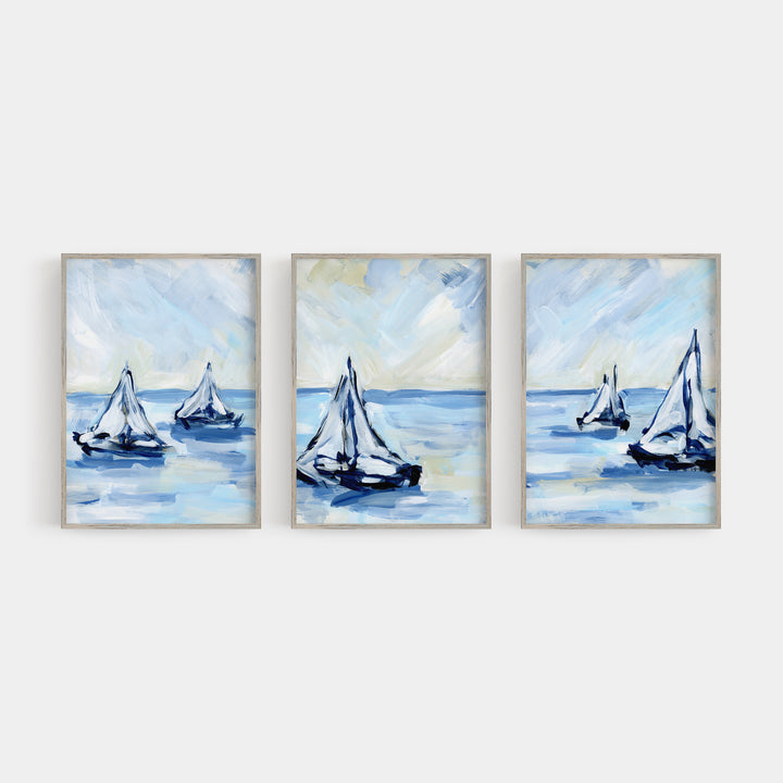 Sailing Boats Painting Nautical Triptych Set of Three Wall Art Prints or Canvas - Jetty Home