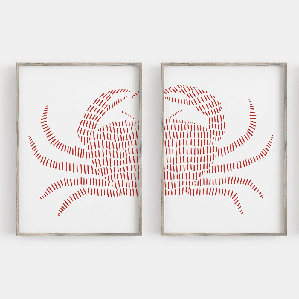 Red Crab Nautical Diptych Set of 2 Wall Art Print or Canvas - Jetty Home