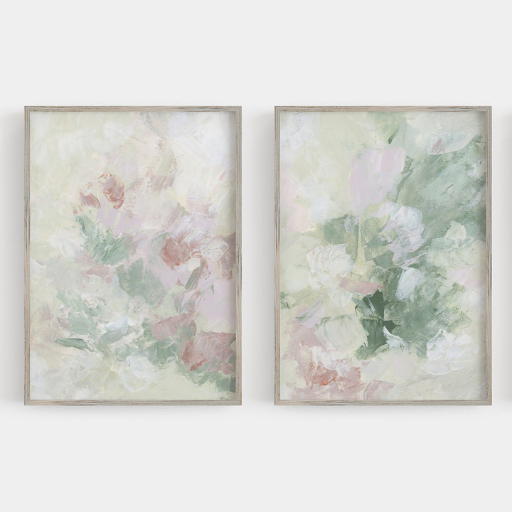 Abstract Flower Artwork Modern Green and Pink Pastel Painting Wall Art Print or Canvas - Jetty Home