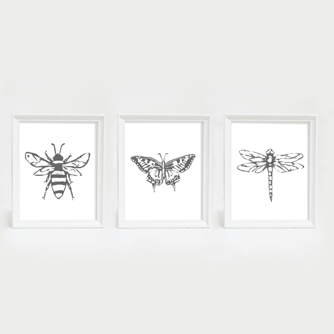 Bee, Dragonfly and Butterfly Illustration Triptych Set of Three Wall Art Prints or Canvas - Jetty Home